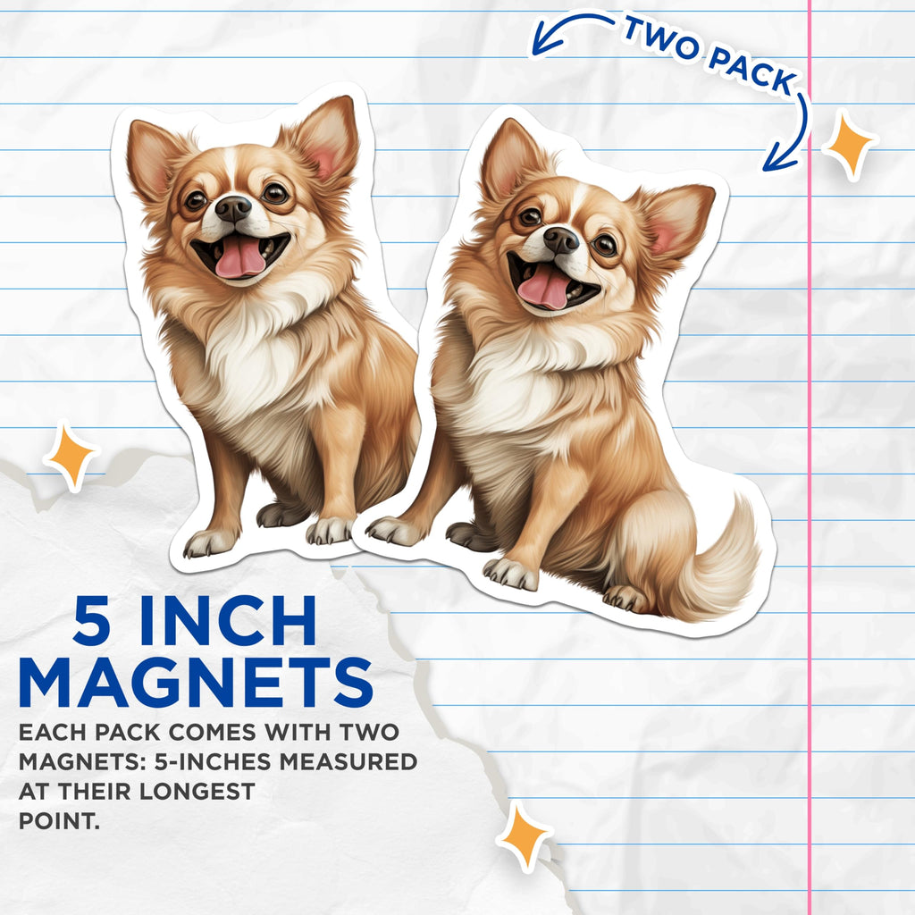 (2 Pack) Happy Chihuahua Magnets - Adorable Fluffy Dog Decor - Smiling Pet Lover Refrigerator Accessory - 5 Inches On Longest Side - Thick Durable Magnet - Made in USA - MAG24872