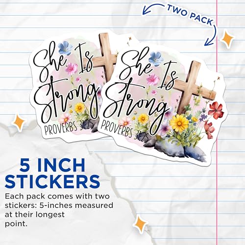 (2 Pack) She is Strong Stickers - Proverbs 31:25 Stickers - Inspirational Christian Stickers - 5" On Longest Side - Sticks to Smooth Flat Surfaces - Made in USA - BMCS4311