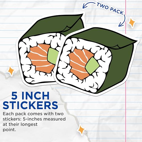 (2 Pack) Sushi Roll Stickers - Cute Food Stickers - Japanese Cuisine Stickers - 5" On Longest Side - Sticks to Smooth Flat Surfaces - Made in USA - BMCS6254