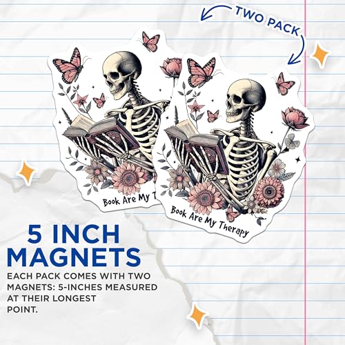 (2 Pack) Skeleton Book Therapy Magnets - Book Lover Decor - Reading Enthusiast Magnets - 5" On Longest Side - for Cars, Fridges, Toolboxes - Made in USA - MAG6981