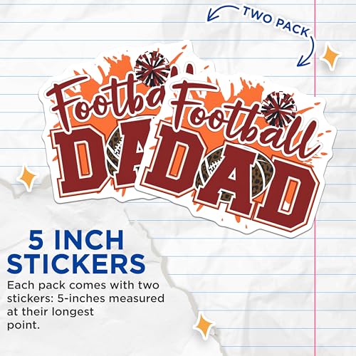 (2 Pack) Football Dad Stickers - Sports Dad Decal - Football Fan Decoration - 5" On Longest Side - Sticks to Smooth Flat Surfaces - Made in USA - BMCS8774 - Father's Day Sticker