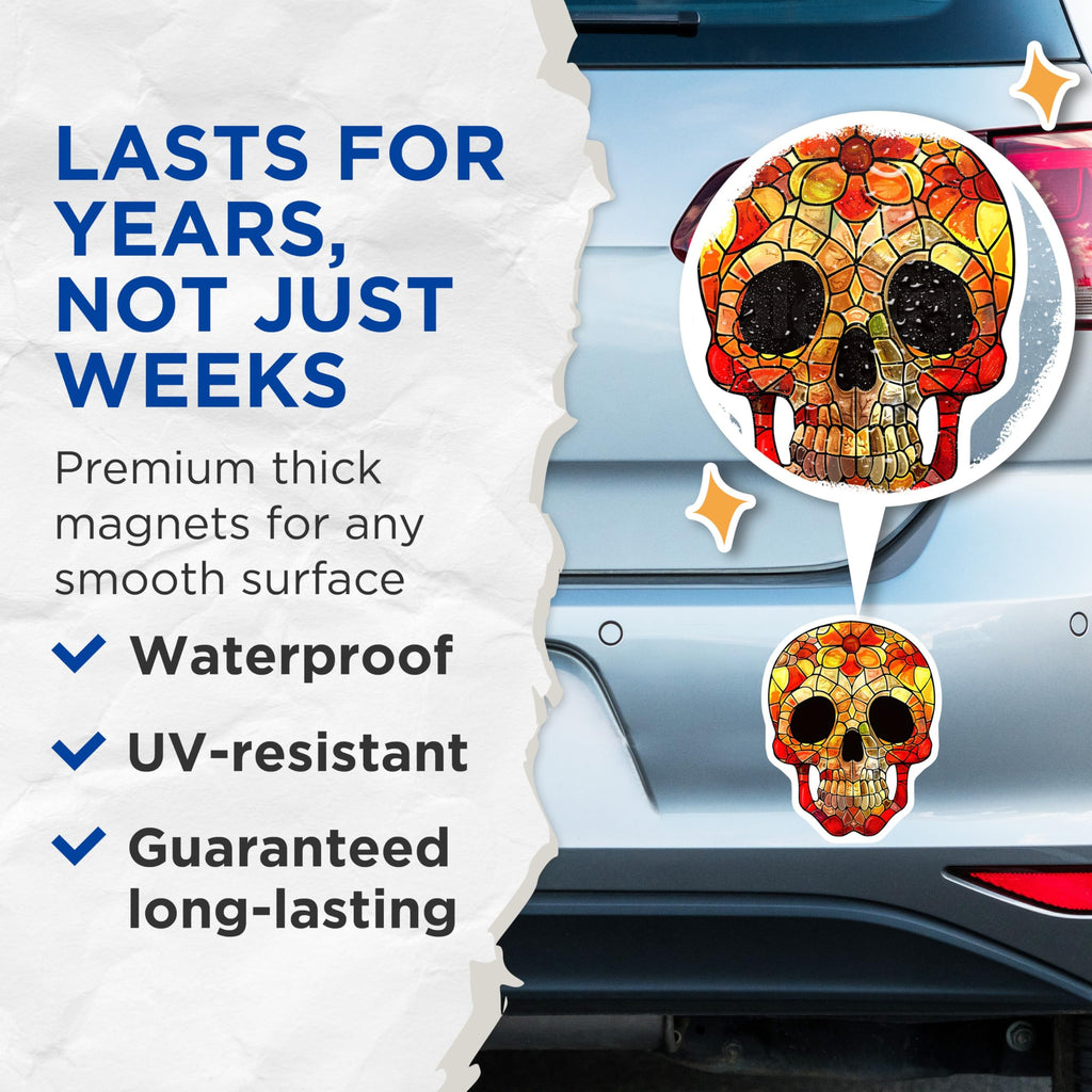 (2 Pack) Skull Magnets - Stained Glass - Colorful Sugar Skull - 5" On Longest Side - Premium Magnet - for Cars, Refrigerators, Toolboxes, Lockers - Made in USA - MAG17111
