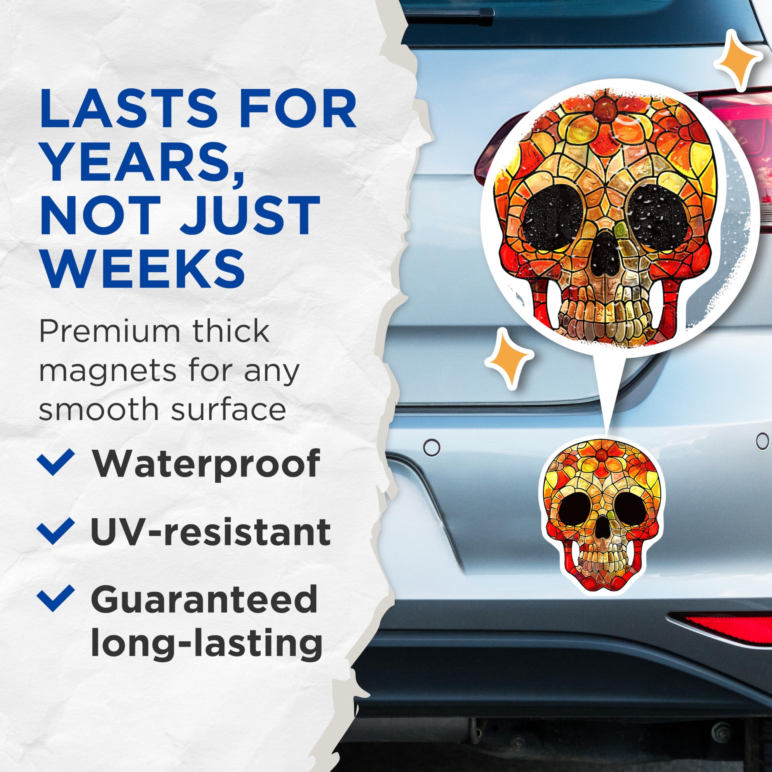 (2 Pack) Skull Magnets - Stained Glass - Colorful Sugar Skull - 5" On Longest Side - Premium Magnet - for Cars, Refrigerators, Toolboxes, Lockers - Made in USA - MAG17111