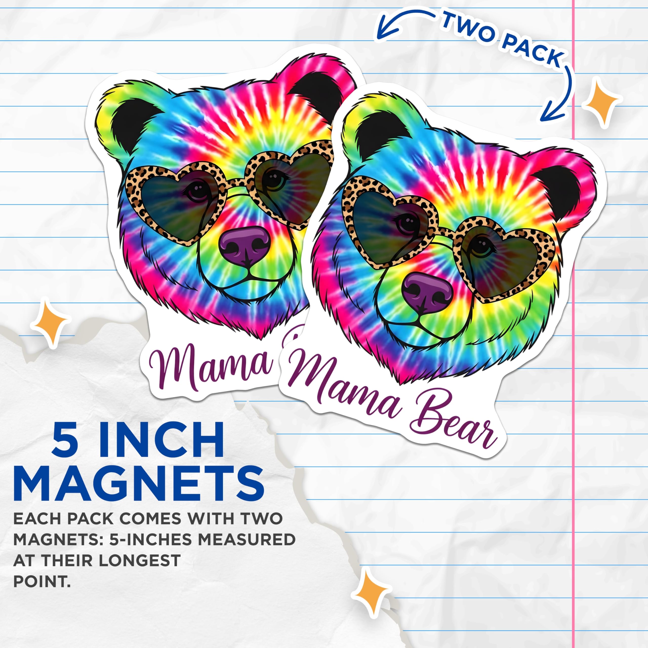 (2 Pack) Mama Bear Magnets - Tie Dye Style - Animal Lover Decoration - 5" On Longest Side - Premium Magnet - for Cars, Refrigerators, Toolboxes, Lockers - Made in USA - MAG18190