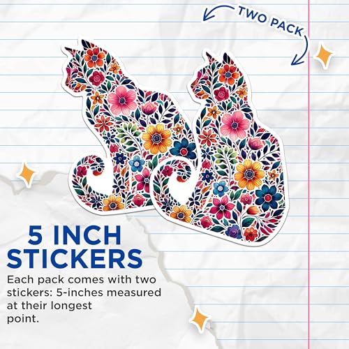 (2 Pack) Colorful Cat Stickers - Vibrant Floral Cat Stickers - Artsy Cat Design Decals - 5" On Longest Side - Sticks to Any Smooth Flat Surface - Made in USA - BMCS2791