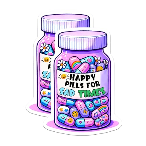 (2 Pack) Happy Pills for Sad Times Stickers - Cute Mental Health Awareness - Motivational Prescription Bottle Decal - 5" On Longest Side - Sticks to Smooth Flat Surfaces - Made in USA - BMCS7506