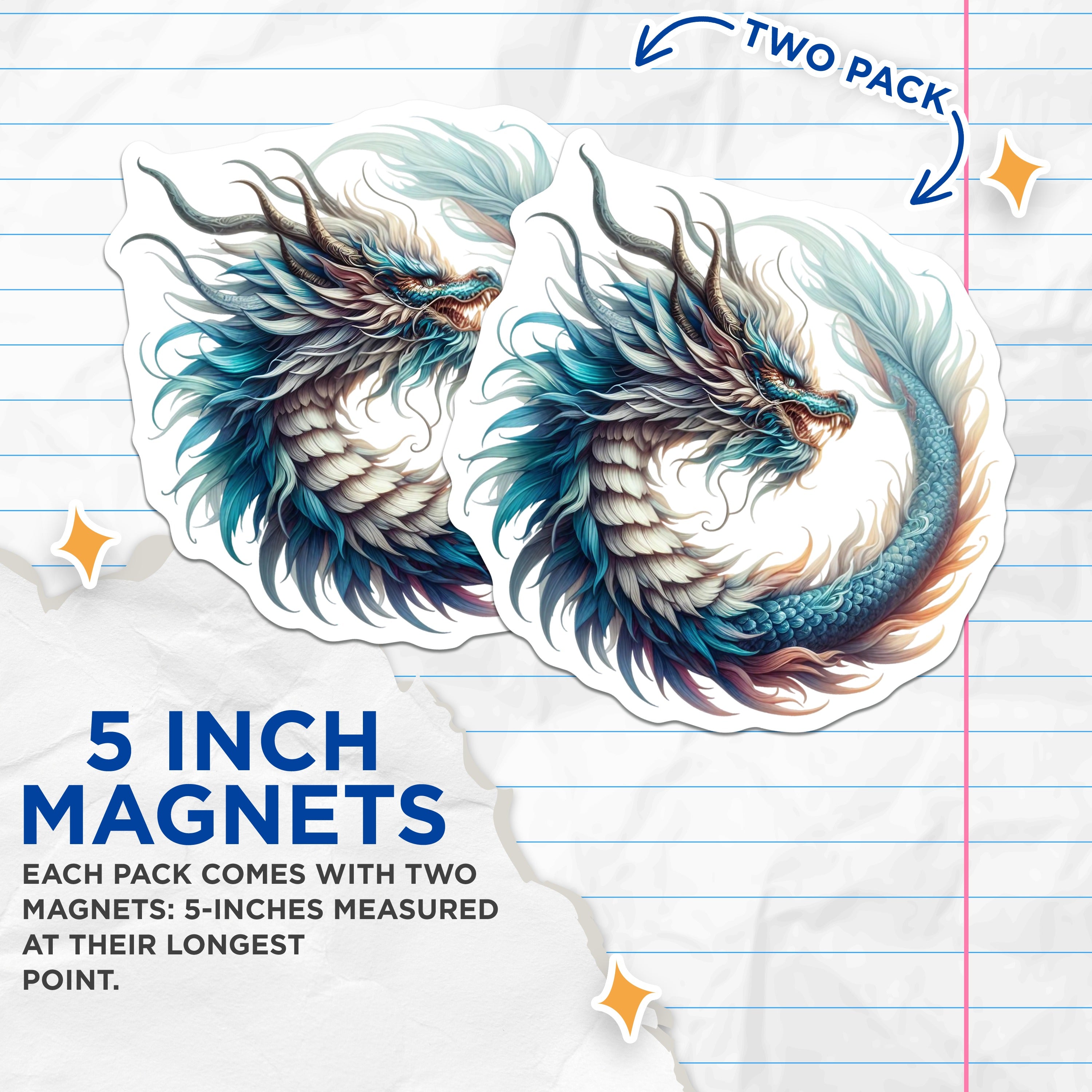 (2 Pack) Mythical Dragon Magnets - Fantasy Art Decor - Eastern Creature Fridge Locker Decor - 5 Inches On Longest Side - Thick Durable Magnet - Made in USA - MAG37997