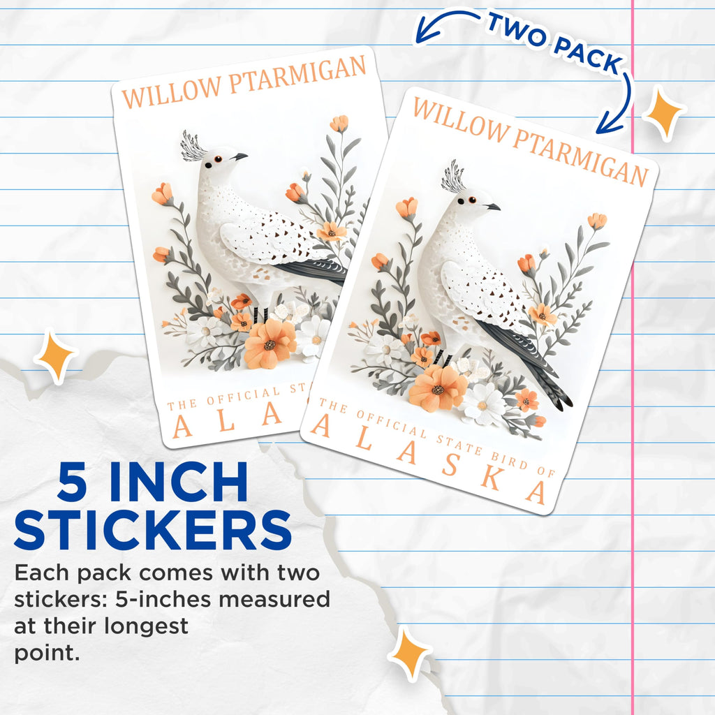 (2 Pack) Willow Ptarmigan Stickers - Alaska State Bird Stickers - Cute Bird Art Stickers - 5" On Longest Side - Sticks to Smooth Flat Surfaces - Made in USA - BMCS17978