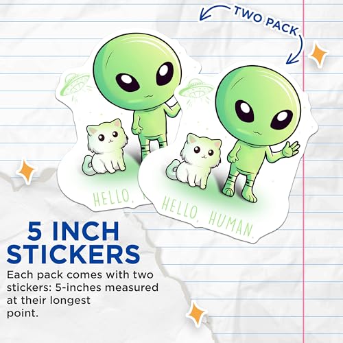 (2 Pack) Alien and Cat Stickers - Hello Human Aliens - Cute Alien and Pet - 5" On Longest Side - Sticks to Smooth Flat Surfaces - Made in USA - BMCS7773