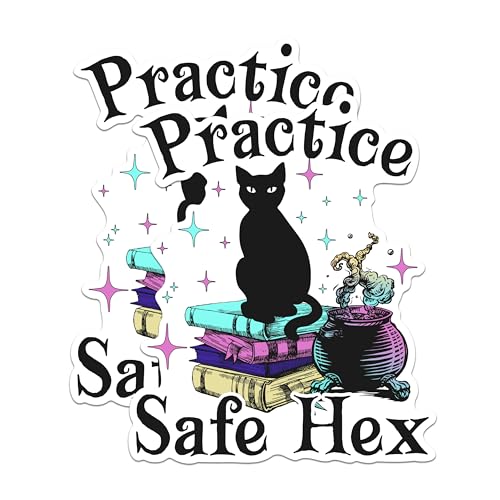 (2 Packs) Practice Safe Hex Stickers - Funny Witchy Vibes Black Cat Decals - 5 Inches On Longest Side - Premium Vinyl Decal - Sticks to Any Smooth Flat Surface - Made in USA - BMCS2514