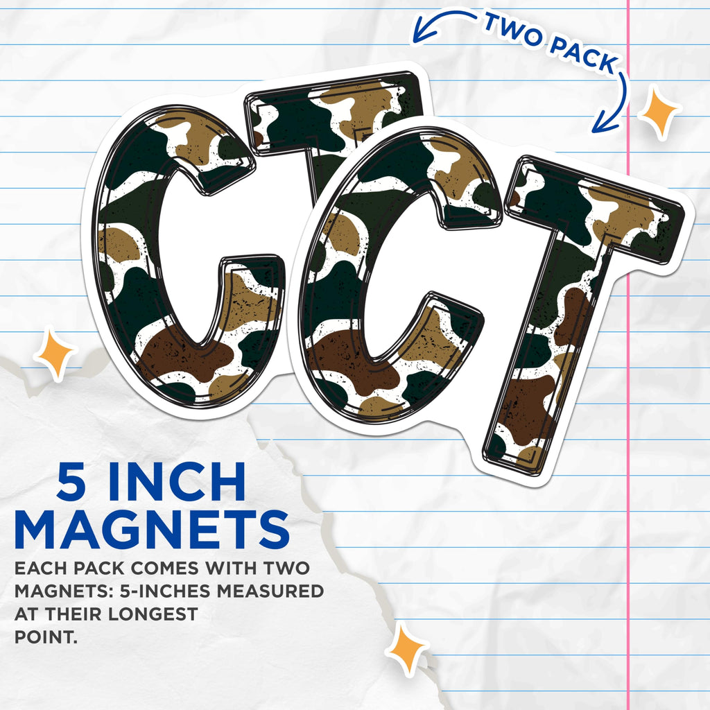 (2 Pack) CT Camo Magnets - Camouflage Letters Fridge - Military Style Decor - Tactical Pattern - Outdoor Theme Art - Man Cave - 5 Inches On Longest Side - Thick Durable Magnet - Made in USA - MAG21775