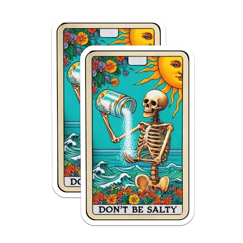 (2 Pack) Don't Be Salty Stickers - Skeleton Pouring Salt Sun Stickers - Funny Skeleton Ocean Stickers - 5" On Longest Side - Sticks to Smooth Flat Surfaces - Made in USA - BMCS4837