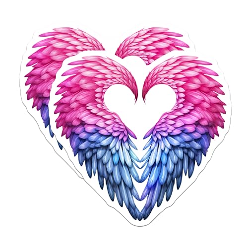 (2 Pack) Angel Wing Heart Stickers - Colorful Feather Stickers - Pink and Blue Wings Sticker - 5" On Longest Side - Sticks to Smooth Flat Surfaces - Made in USA - BMCS7175