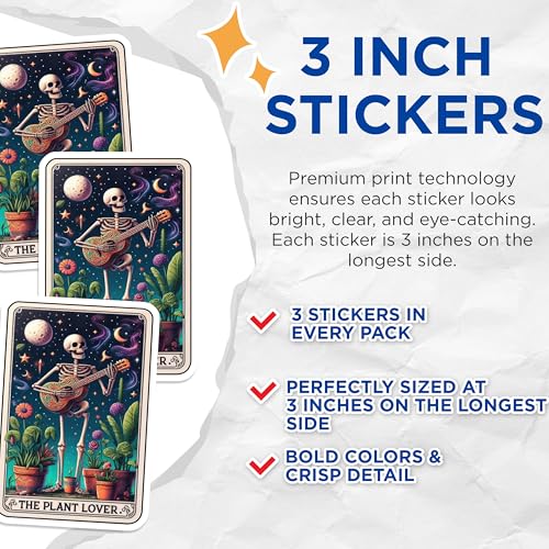 (3 Pack) Plant Lover Decals - Skeleton Guitar Decals - Celestial Decal - 3 Inches On Longest Side - Easy Peel & Apply - Made in USA - 3MCS4247