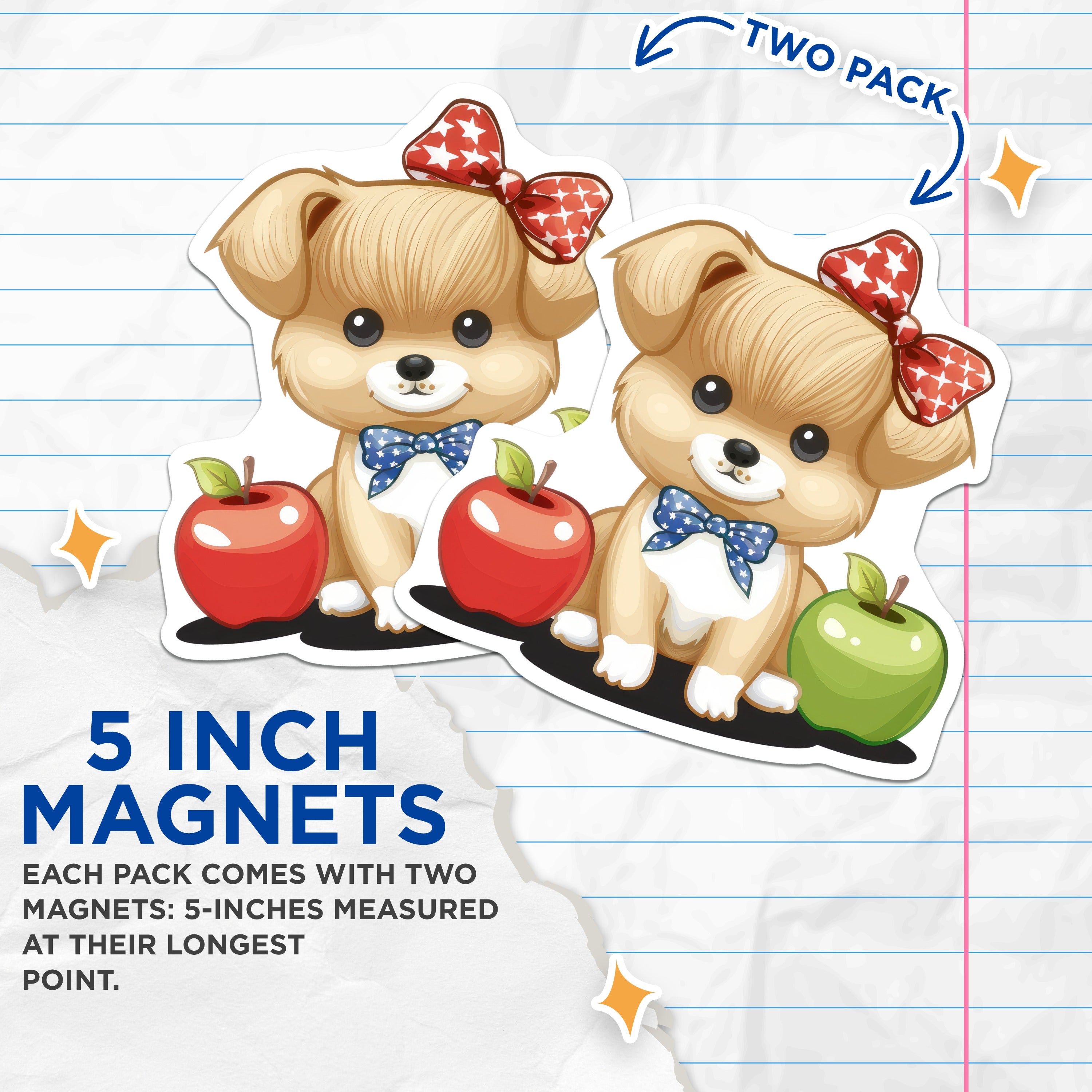 (2 Pack) Cute Puppy Magnets - Kawaii Dog Lover - Teacher Appreciation - Fridge Locker Decor - Star Bows Apple - 5 Inches On Longest Side - Thick Durable Magnet - Made in USA - MAG39272