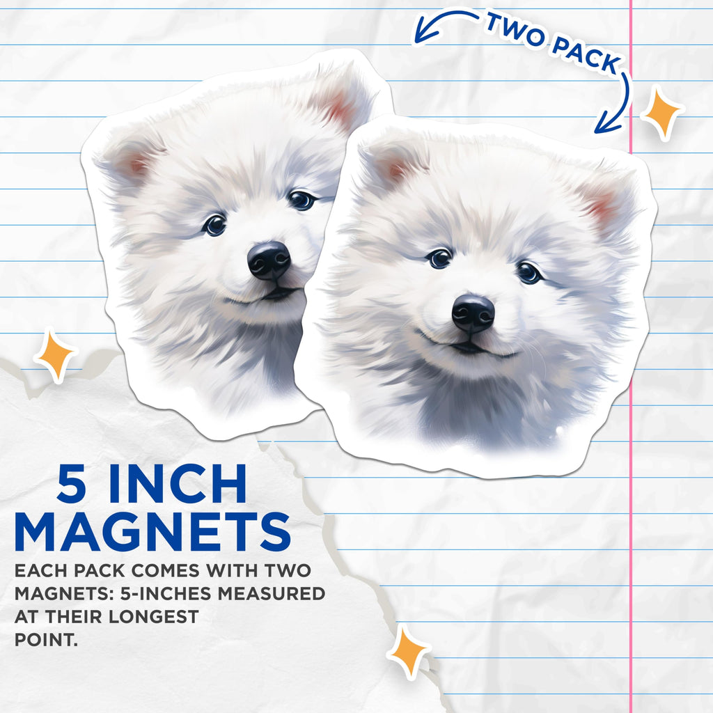(2 Pack) Fluffy White Puppy Magnets - Cute Samoyed Dog - Pet Lover Decor - 5 Inches On Longest Side - Thick Durable Magnet - Made in USA - MAG28262