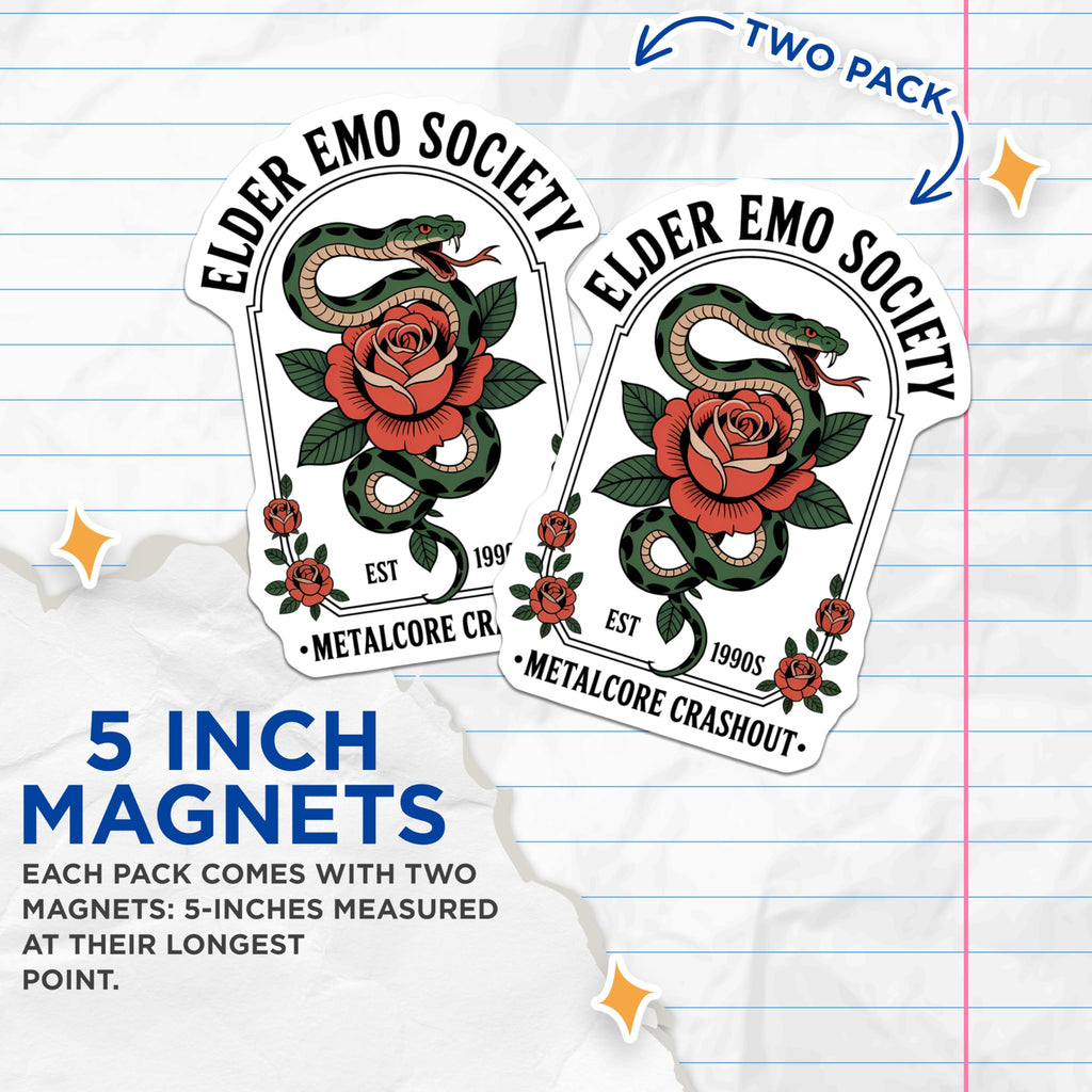 (2 Pack) Elder Emo Society Magnets - Metalcore Aesthetic Decor - 90s Alternative Music Fan - 5 Inches On Longest Side - Thick Durable Magnet - Made in USA - MAG20249