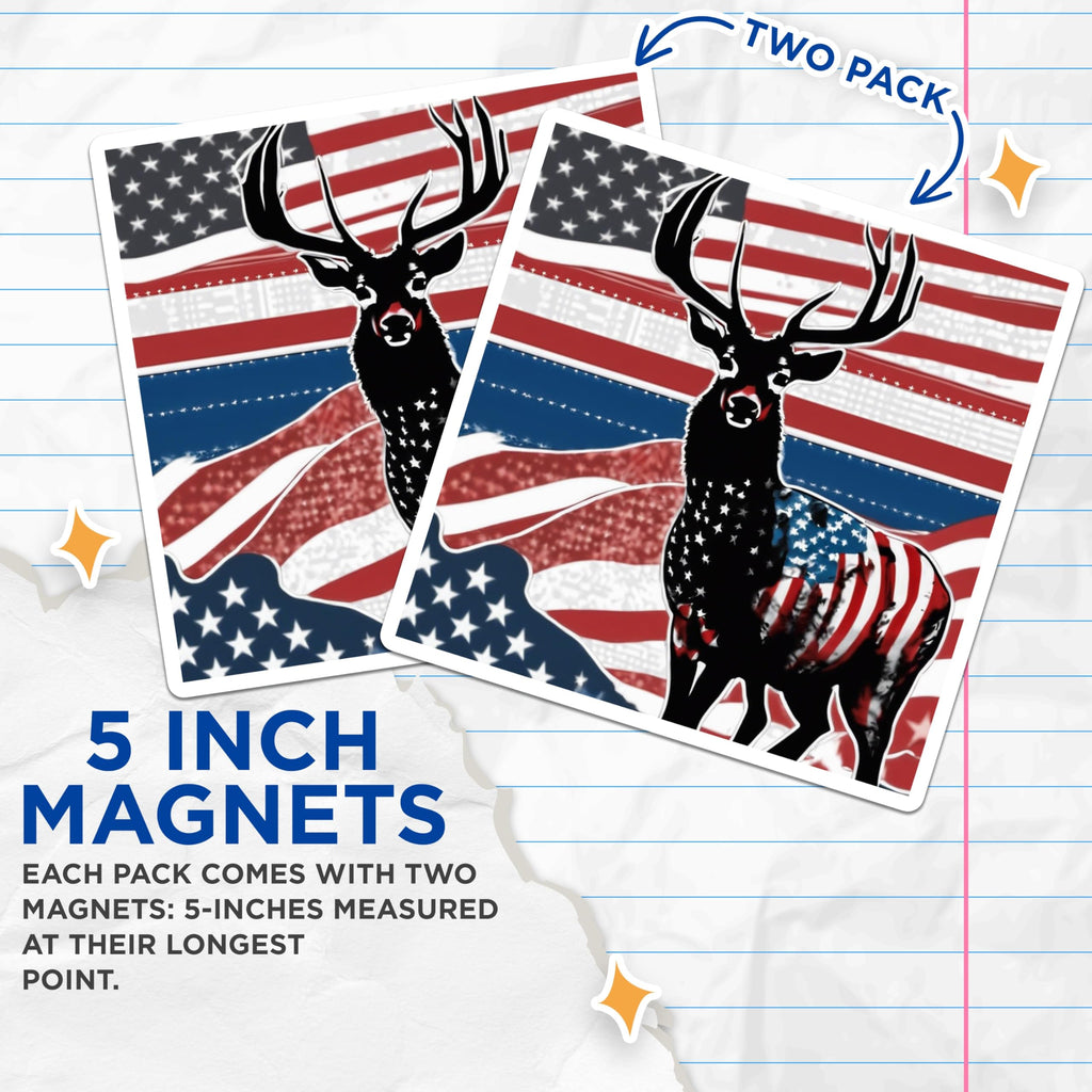 (2 Pack) American Flag Deer Magnets - Patriotic Wildlife Decor - USA Buck Fridge Art - 5 Inches On Longest Side - Thick Durable Magnet - Made in USA - MAG19753