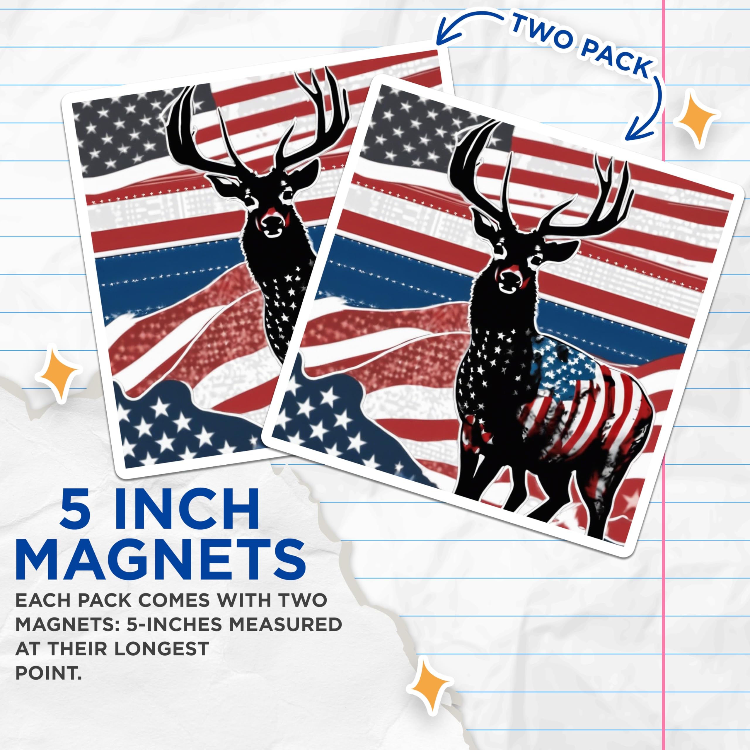 (2 Pack) American Flag Deer Magnets - Patriotic Wildlife Decor - USA Buck Fridge Art - 5 Inches On Longest Side - Thick Durable Magnet - Made in USA - MAG19753