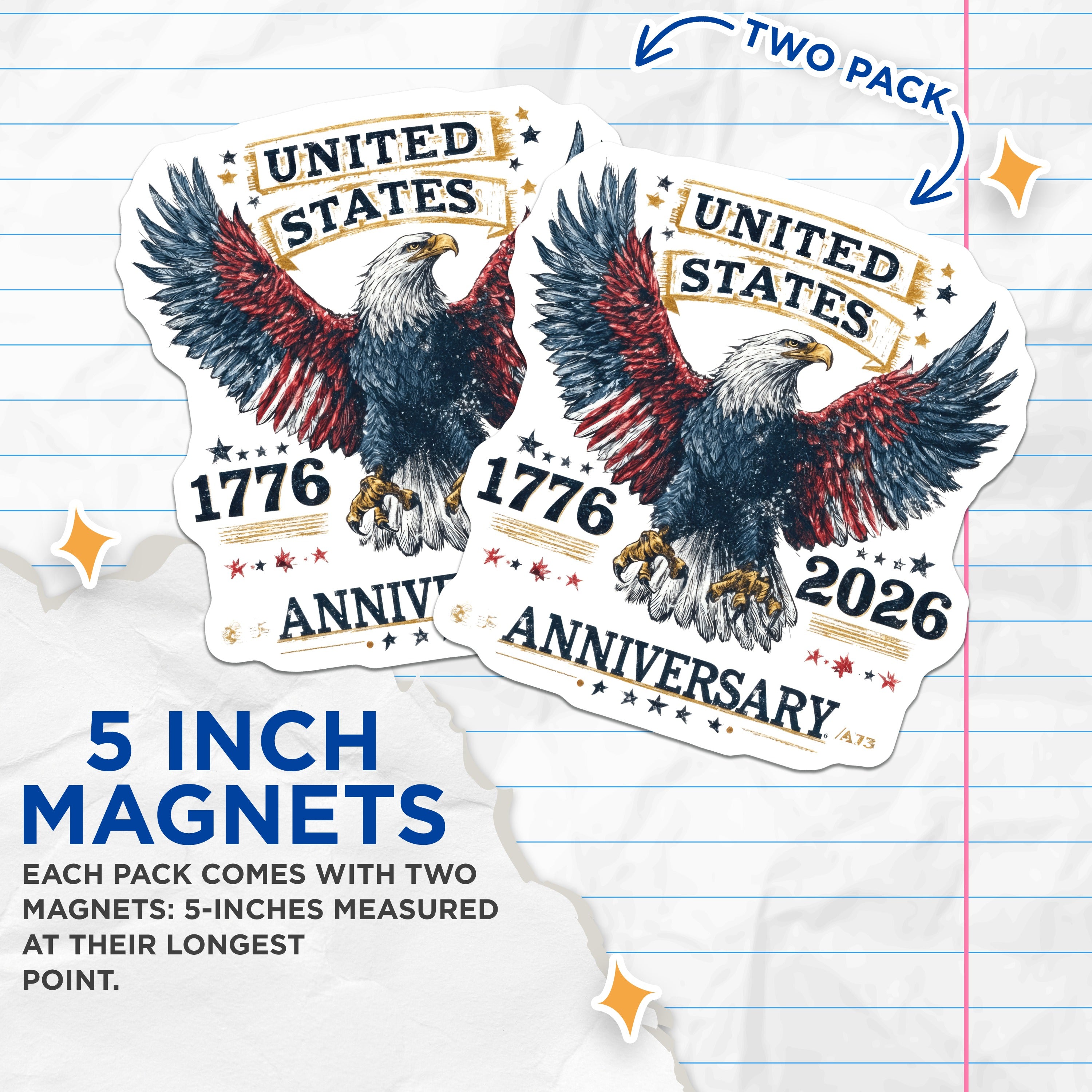 (2 Pack) 250th Anniversary Magnets - United States Patriotic Eagle - American Heritage Decor - 5 Inches On Longest Side - Thick Durable Magnet - Made in USA - MAG38956