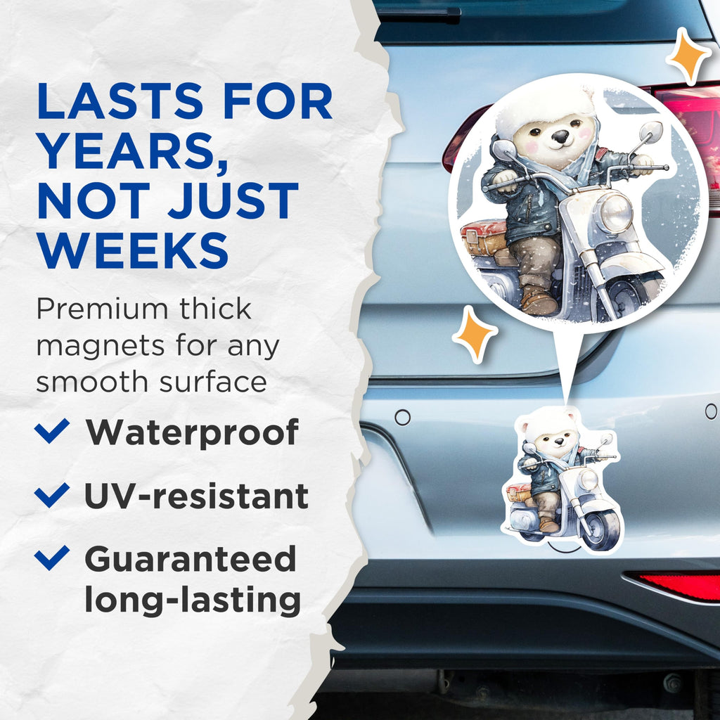 (2 Pack) Bear on Scooter Magnets - Cute Animal - Funny Vehicle Refrigerator Magnets - 5" On Longest Side - Premium Magnet - for Cars, Refrigerators, Toolboxes, Lockers - Made in USA - MAG17023