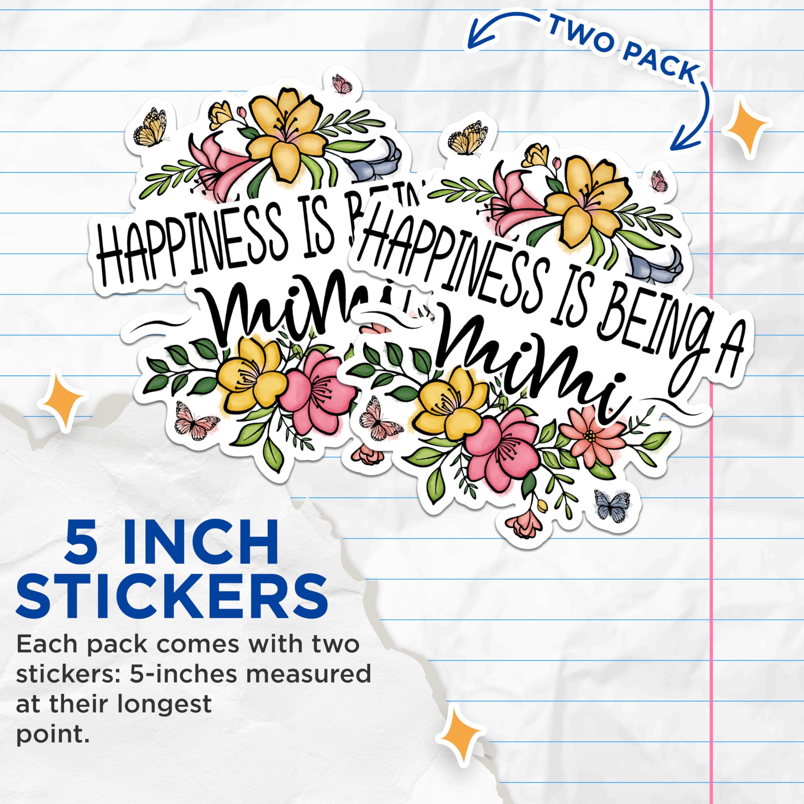 (2 Pack) Happiness is Being a Mimi Stickers - Floral Family Stickers - Butterfly Flower Stickers - 5" On Longest Side - Sticks to Any Smooth Flat Surface - Made in USA - BMCS3005