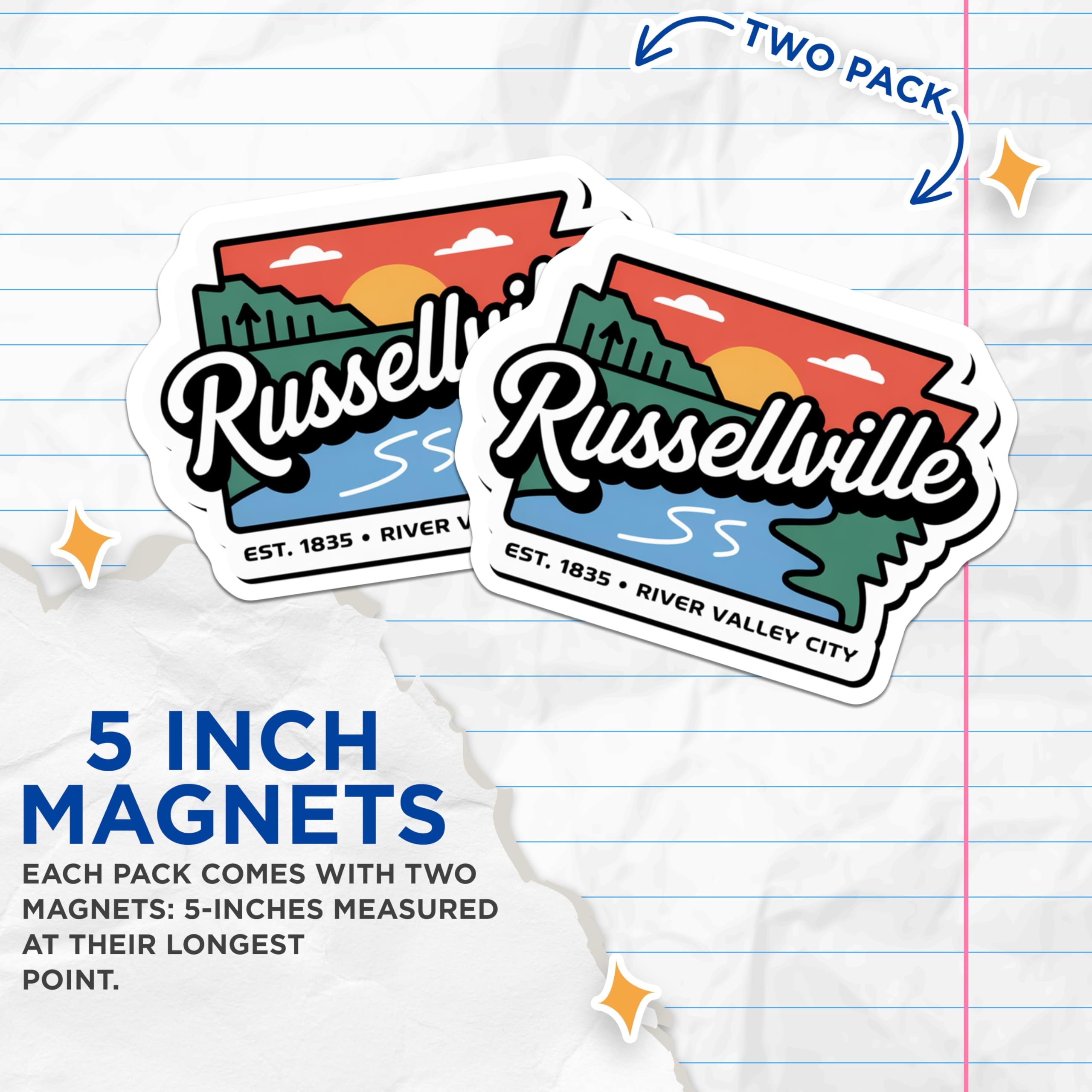(2 Pack) Russellville Magnets - River Valley City - Arkansas Travel Decor - 5" On Longest Side - Premium Magnet - for Cars, Refrigerators, Toolboxes, Lockers - Made in USA - MAG17218