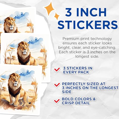 (3 Pack) Lion Decals - Laptop Decals - Animal Stickers - 3 Inches On Longest Side - Easy Peel & Apply - Made in USA - 3MCS7460