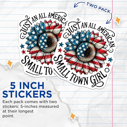 (2 Pack) Just an All American Small Town Girl Stickers - American Flag - Patriotic Sunflower - 5" On Longest Side - Sticks to Smooth Flat Surfaces - Made in USA - BMCS7869