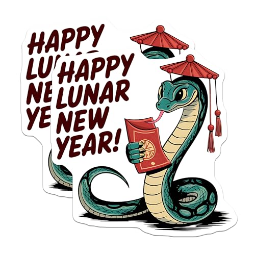 (2 Pack) Happy Lunar New Year Stickers - Snake Holding Red Envelope Stickers - Chinese New Year Decorations - 5" On Longest Side - Sticks to Smooth Flat Surfaces - Made in USA - BMCS4134