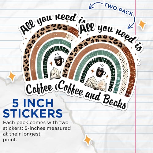(2 Pack) All You Need is Coffee and Books Stickers - Rainbow Coffee Mug Stickers - Book Lover Vinyl Stickers - 5" On Longest Side - Sticks to Any Smooth Flat Surface - Made in USA - BMCS2764