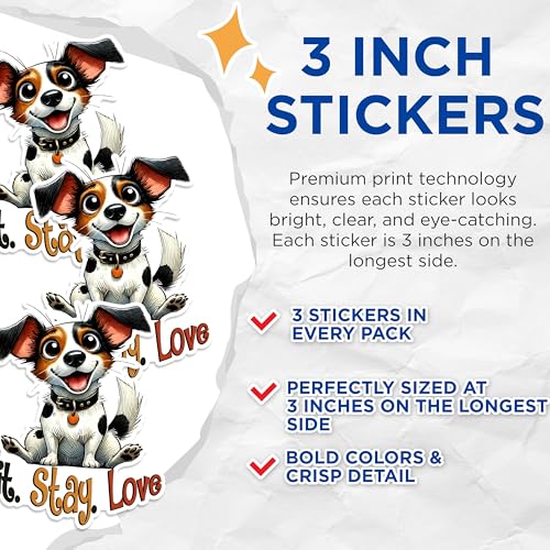 (3 Pack) Jack Russell Terrier Decals - Sit Stay Love Dog - Cute Puppy Laptop Decal - 3 Inches On Longest Side - Easy Peel & Apply - Made in USA - 3MCS1614