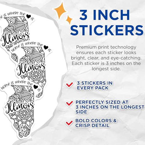 (3 Pack) Illinois Decals - Home State Love - Mandala Art Stickers - 3 Inches On Longest Side - Easy Peel & Apply - Made in USA - 3MCS7822