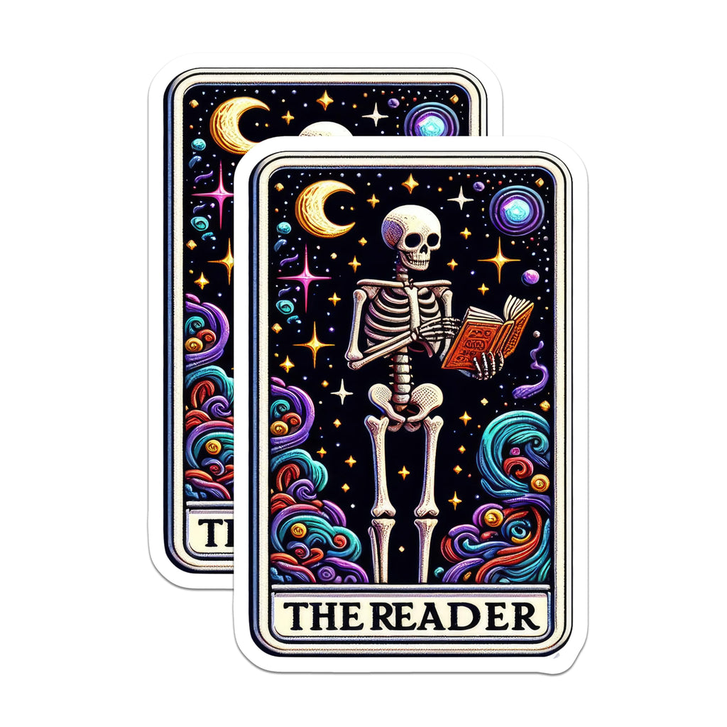 (2 Pack) The Reader Skeleton Stickers - Tarot Design Stickers - Cosmic Art Stickers for Notebooks and Laptops - 5" On Longest Side - Sticks to Smooth Flat Surfaces - Made in USA - BMCS5487