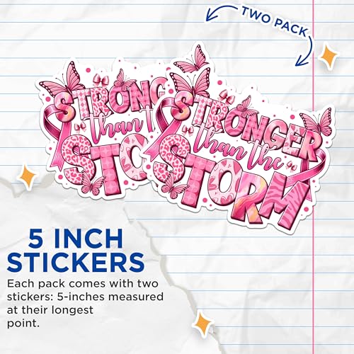 (2 Packs) Stronger Than The Storm Stickers - Breast Cancer Awareness Decals - 5 Inches On Longest Side - Premium Vinyl Decal - Sticks to Any Smooth Flat Surface - Made in USA - BMCS2436