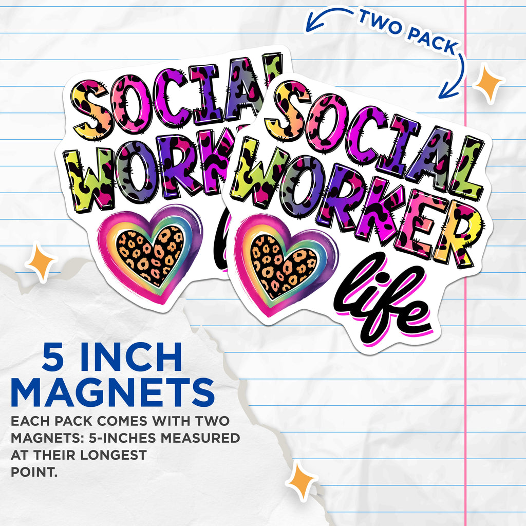(2 Pack) Social Worker Magnets - Leopard Print Design - Rainbow Heart Profession Display - Student Appreciation - 5 Inches On Longest Side - Thick Durable Magnet - Made in USA - MAG36503