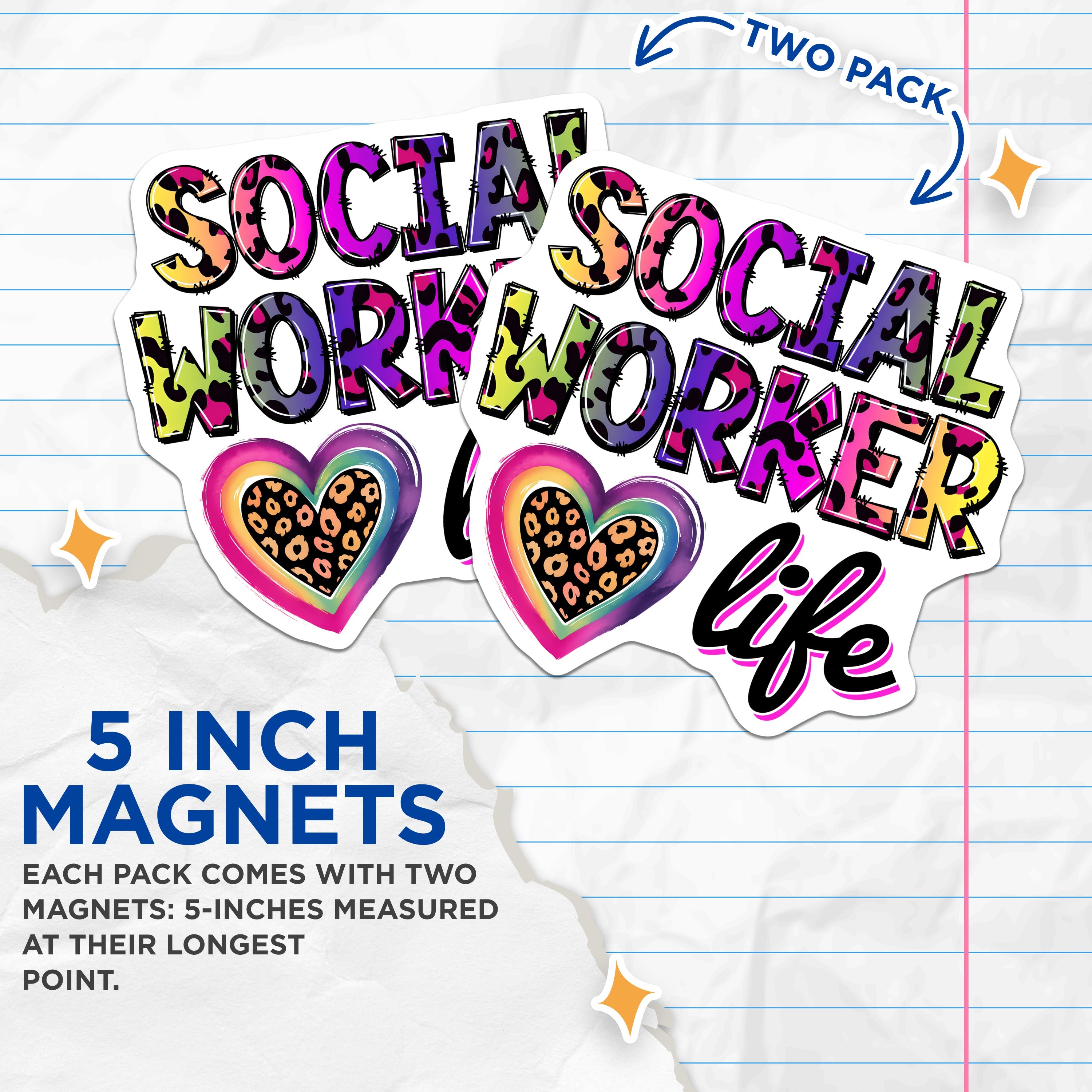 (2 Pack) Social Worker Magnets - Leopard Print Design - Rainbow Heart Profession Display - Student Appreciation - 5 Inches On Longest Side - Thick Durable Magnet - Made in USA - MAG36503