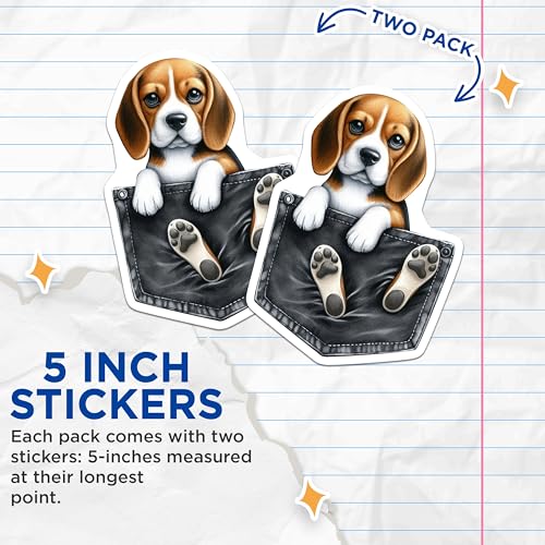 (2 Pack) Beagle Dog Stickers - Cute Puppy Stickers - Pet Lovers Decal - Adorable Dog Sticker Pack - Animal Lovers - 5" On Longest Side - Sticks to Smooth Flat Surfaces - Made in USA - BMCS3871