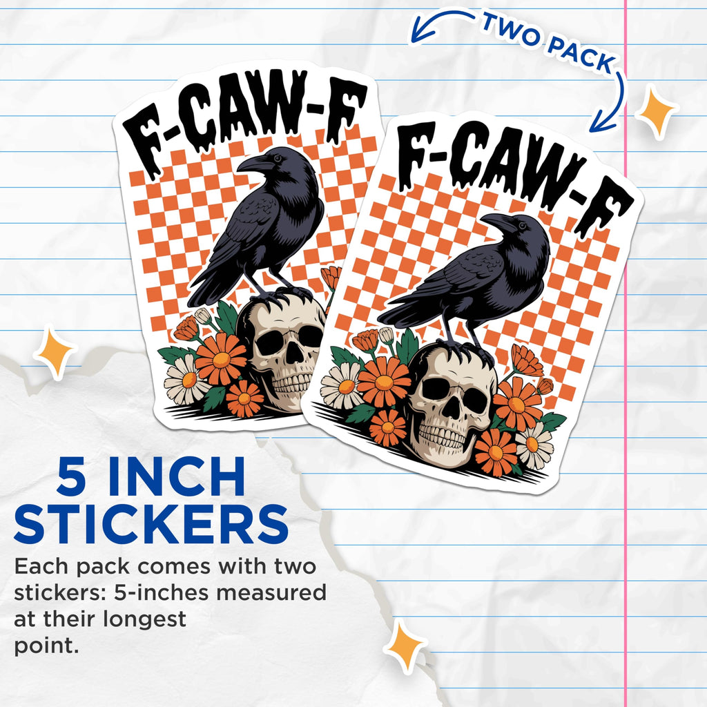 (2 Pack) F-CAW-F Crow Stickers - Skull and Flowers - Goth Stickers 5" On Longest Side - Sticks to Smooth Flat Surfaces - Made in USA - BMCS13125