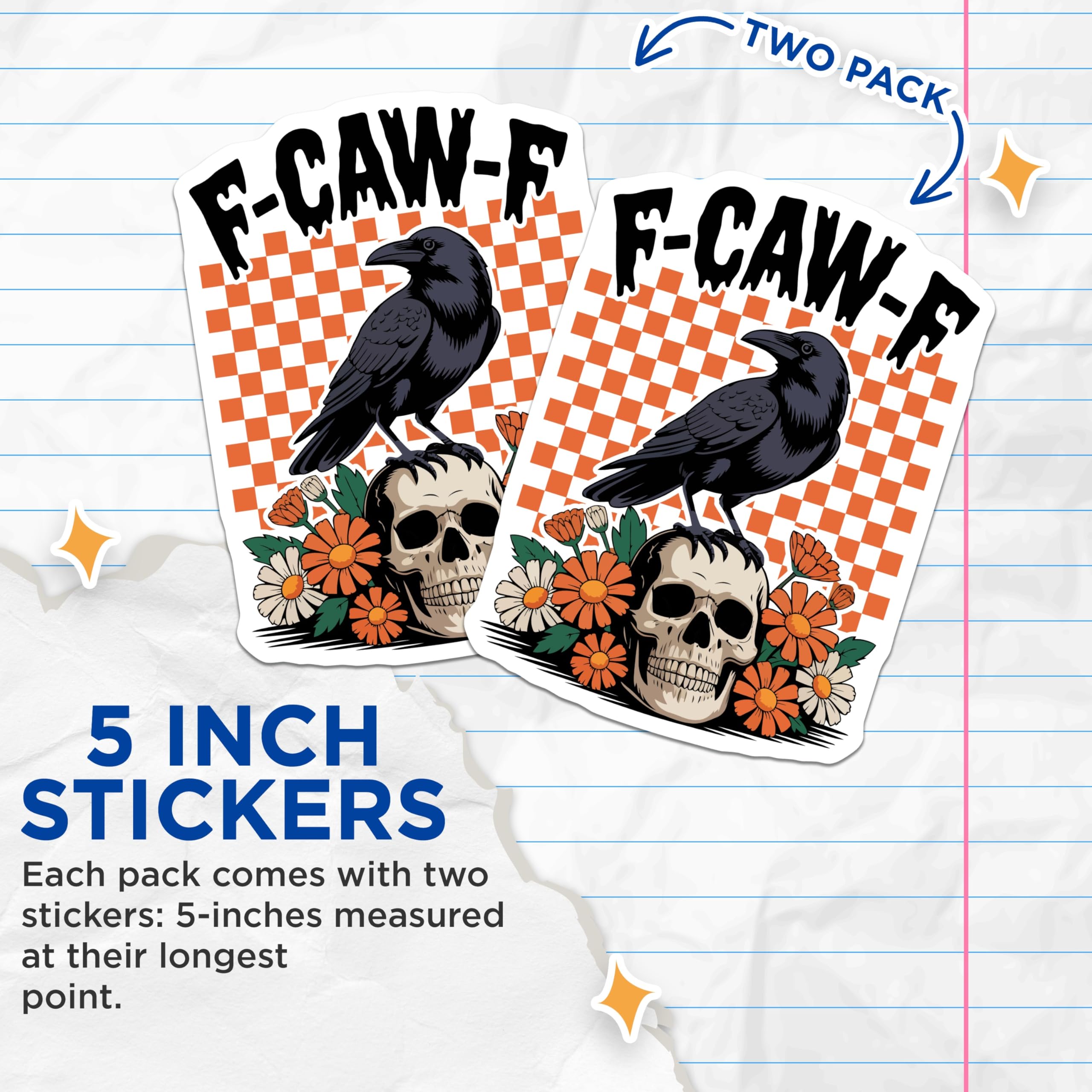 (2 Pack) F-CAW-F Crow Stickers - Skull and Flowers - Goth Stickers 5" On Longest Side - Sticks to Smooth Flat Surfaces - Made in USA - BMCS13125