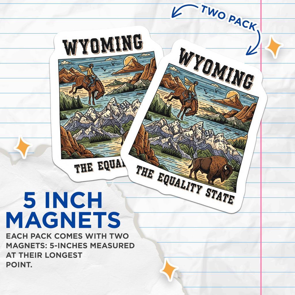 (2 Pack) Wyoming State Magnets - Cowboy Buffalo Design - Equality State Souvenir - 5" On Longest Side - Premium Magnet - for Cars, Refrigerators, Toolboxes, Lockers - Made in USA - MAG14249