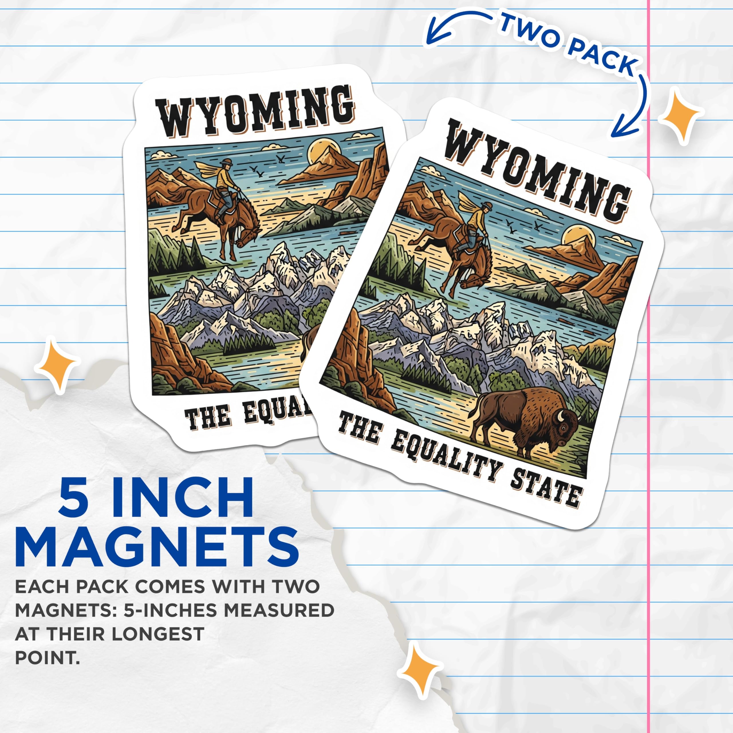 (2 Pack) Wyoming State Magnets - Cowboy Buffalo Design - Equality State Souvenir - 5" On Longest Side - Premium Magnet - for Cars, Refrigerators, Toolboxes, Lockers - Made in USA - MAG14249