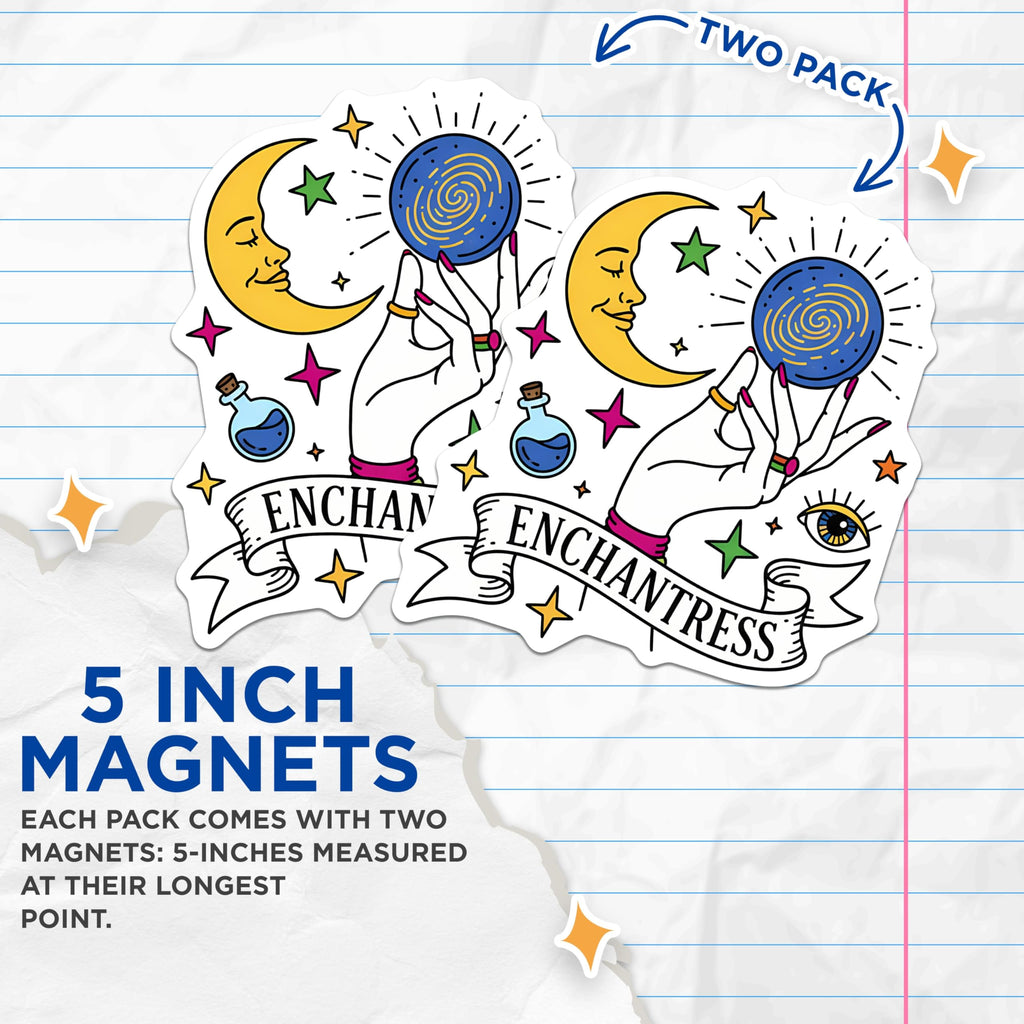 (2 Pack) Enchantress Magnets - Celestial Witch Decor - Mystical Hand Moon Eye Fortune Teller Art - Potion Stars Fridge - 5 Inches On Longest Side - Thick Durable Magnet - Made in USA - MAG22413