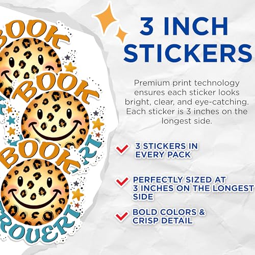 (3 Pack) Book Trouvert Decals - Leopard Smiley Face Decal - Book Lover Stickers - 3 Inches On Longest Side - Easy Peel & Apply - Made in USA - 3MCS1561