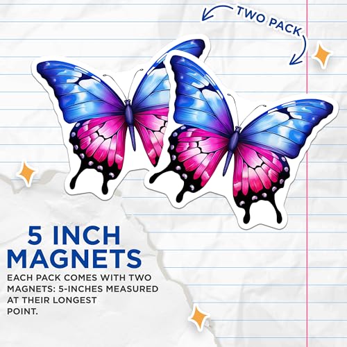 (2 Pack) Butterfly Magnets - Blue and Pink Butterfly - Nature Inspired Home Decor - Floral Fridge Magnets - 5" On Longest Side - for Cars, Fridges, Toolboxes - Made in USA - MAG7081