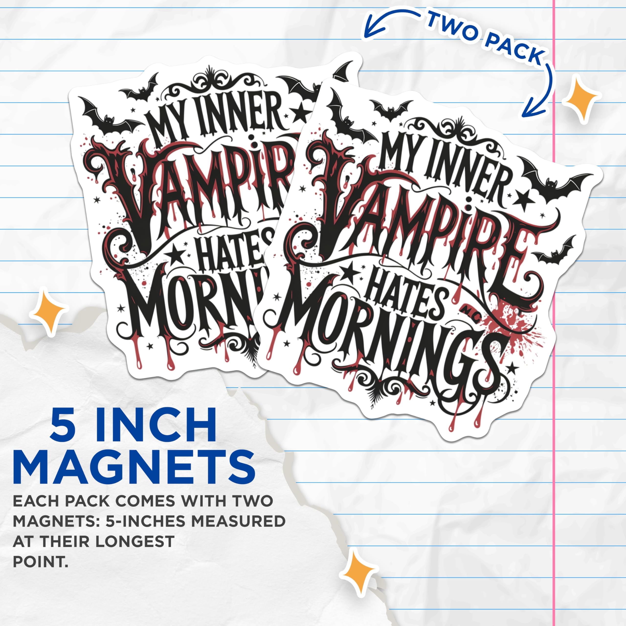 (2 Pack) Vampire Hates Mornings Magnets - Funny Morning Hater Decor - Gothic Bat Refrigerator Art - 5 Inches On Longest Side - Thick Durable Magnet - Made in USA - MAG20461