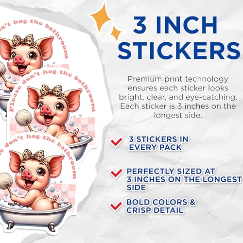 (3 Pack) Pig Bathroom Decals - Funny Animal Decal - Cute Cartoon Decals - 3 Inches On Longest Side - Easy Peel & Apply - Made in USA - 3MCS6697