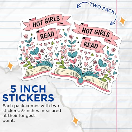 (2 Pack) Hot Girls Read Stickers - Book Lover Stickers - Floral Book Stickers - 5" On Longest Side - Sticks to Smooth Flat Surfaces - Made in USA - BMCS4087