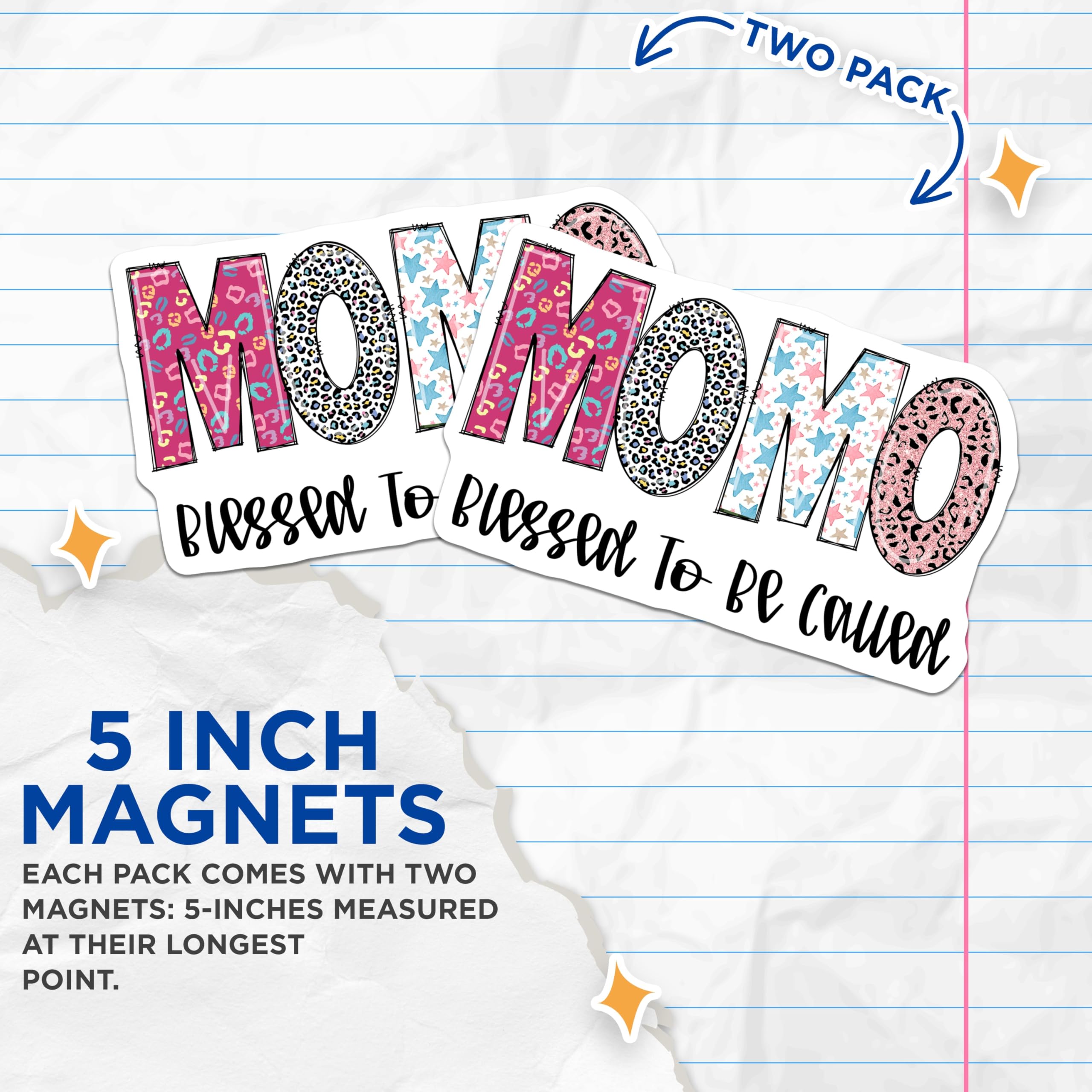 (2 Pack) Momo Magnets - Blessed Momo - Patterned Momo Names - 5" On Longest Side - Premium Magnet - for Cars, Refrigerators, Toolboxes, Lockers - Made in USA - MAG15150