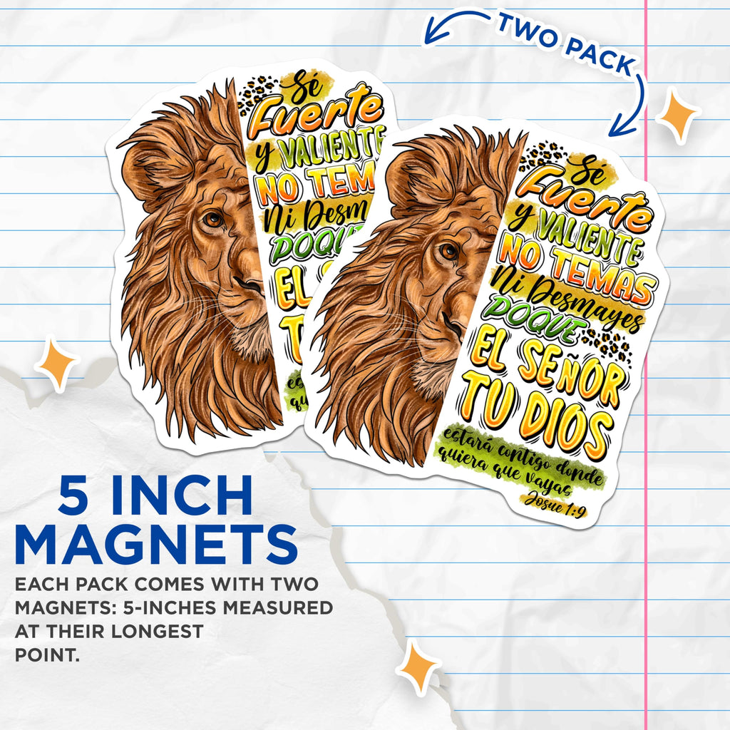 (2 Pack) Spanish Christian Magnets - Lion Bible Verse - Inspirational Scripture Decor - 5 Inches On Longest Side - Thick Durable Magnet - Made in USA - MAG28048